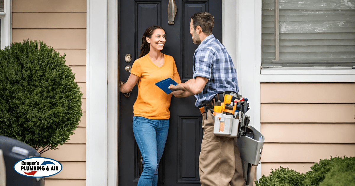 woman answering door for furnace tech